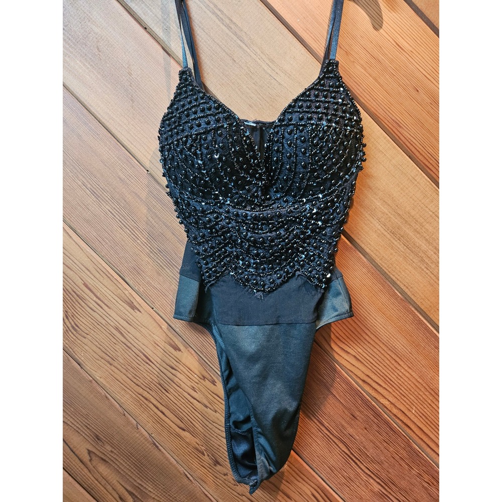 Black Beaded Sequin Lace Bodysuit Sheer Mesh Sweetheart Neck XS